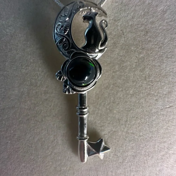 Silver 925 Cat and Moon Key Shape Pendant Necklace on Stainless Steel Chain - Picture 9 of 16
